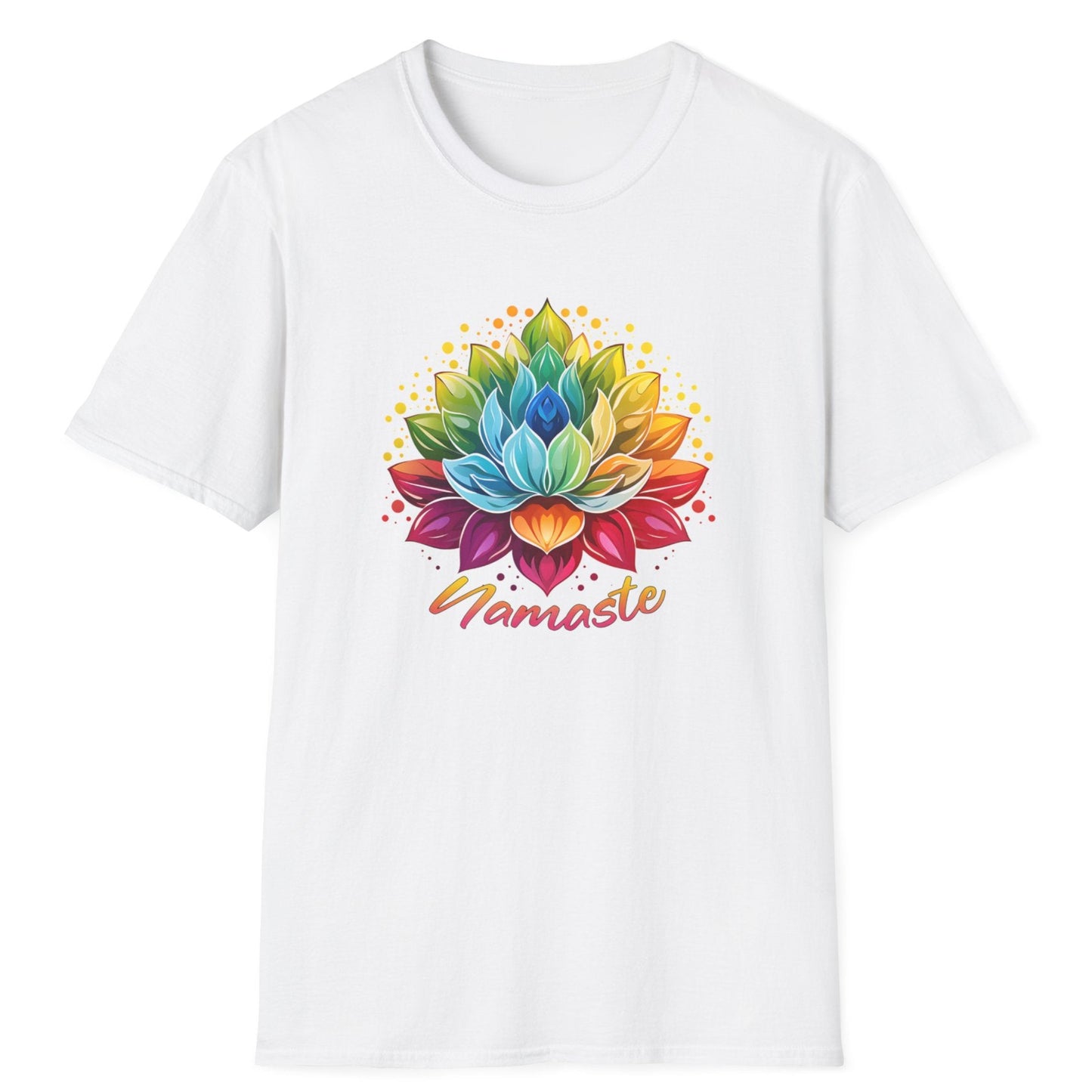 White t-shirt with a colorful flower design and 'Namaste' text on a white background