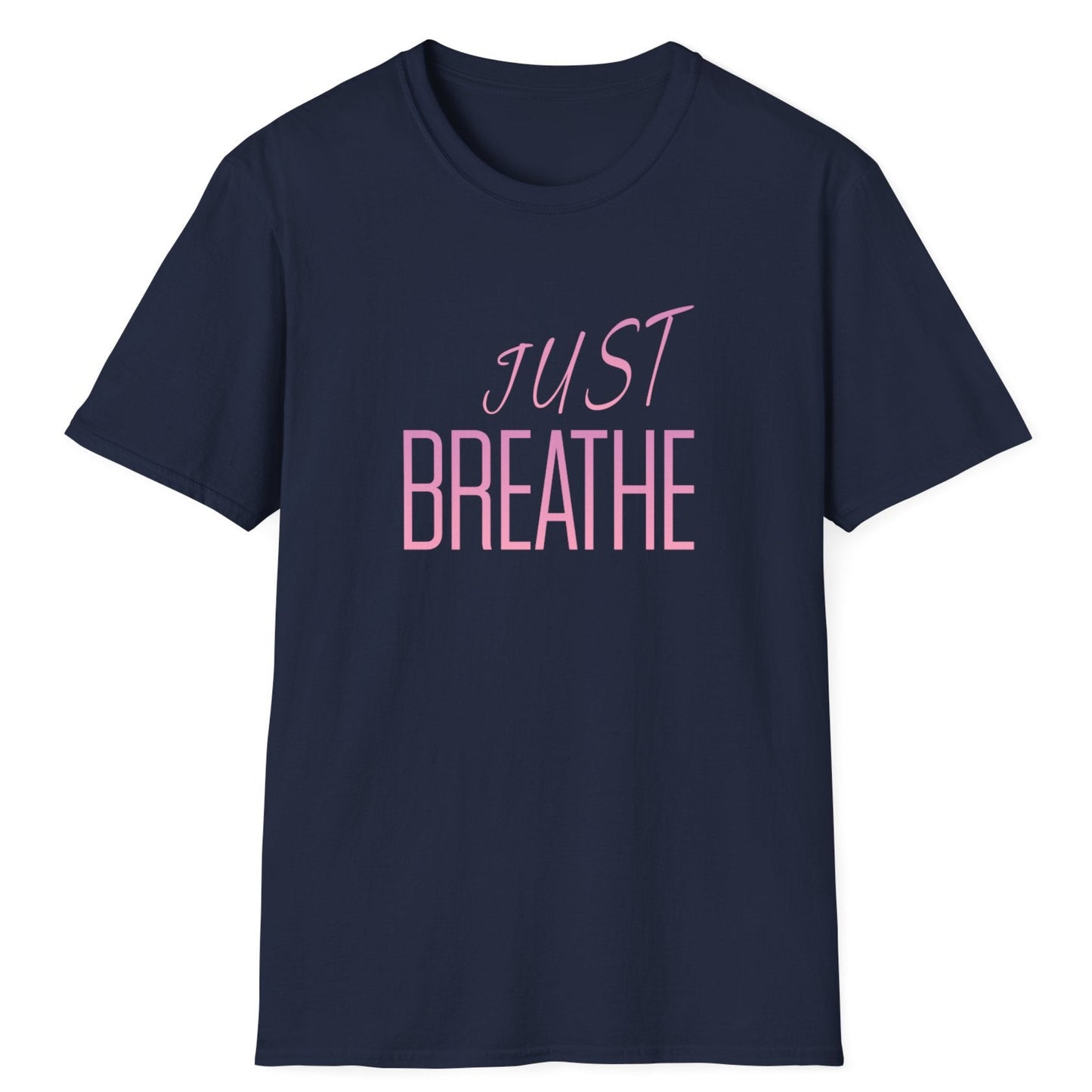 Navy Tshirt with the slogan 'Just Breathe' in Pink Text